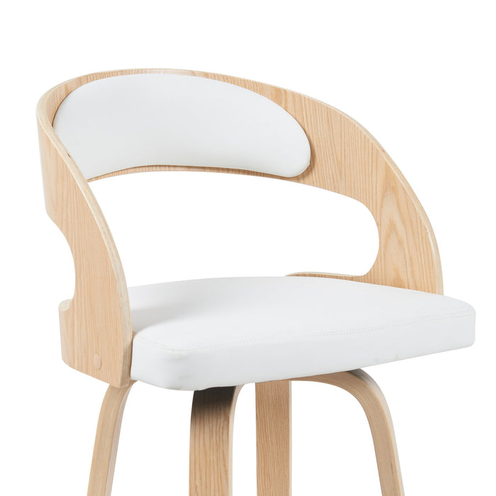 Shelly Modern Bar Height Swivel  Stool in Patterned Oak Finish with White Faux Leather Upholstered Seat