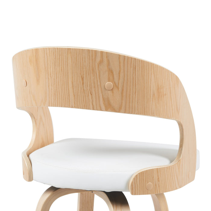 Shelly Modern Bar Height Swivel  Stool in Patterned Oak Finish with White Faux Leather Upholstered Seat