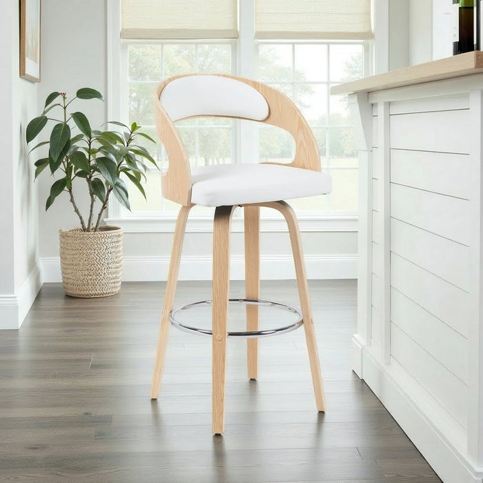 Shelly Modern Bar Height Swivel  Stool in Patterned Oak Finish with White Faux Leather Upholstered Seat
