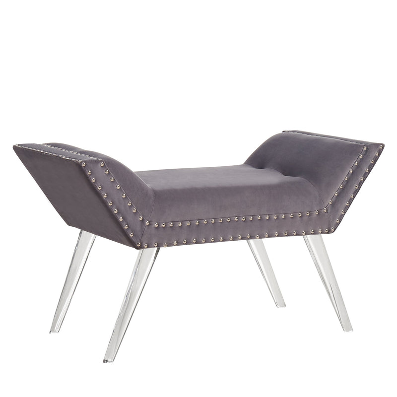 Silas Ottoman Bench in Gray Tufted Velvet with Nailhead Trim and Acrylic Legs - Furniture City (CA)l