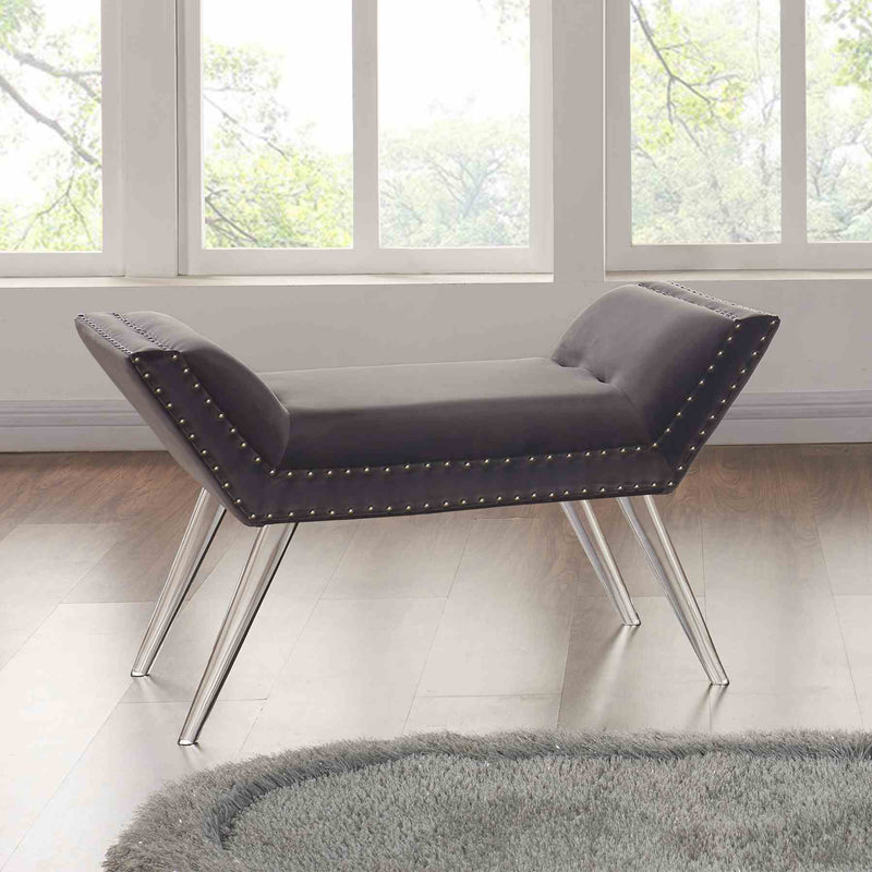 Silas Ottoman Bench in Gray Tufted Velvet with Nailhead Trim and Acrylic Legs - Furniture City (CA)l