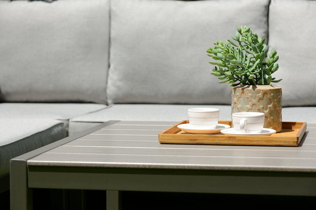 Solana Outdoor Square Coffee Table in Cosmos Gray Finish with Wood Top