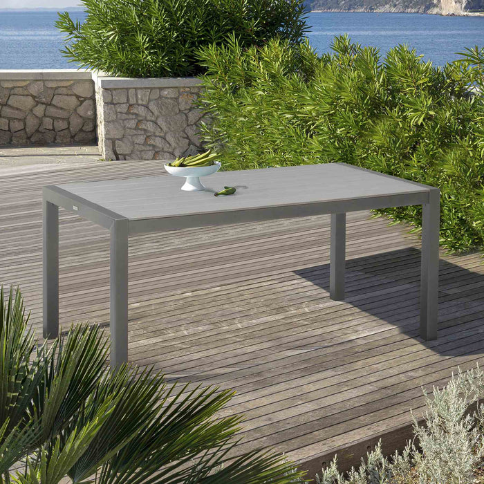 Solana Outdoor Rectangular Aluminum Dining Table in Cosmos Gray Finish with Wood Top