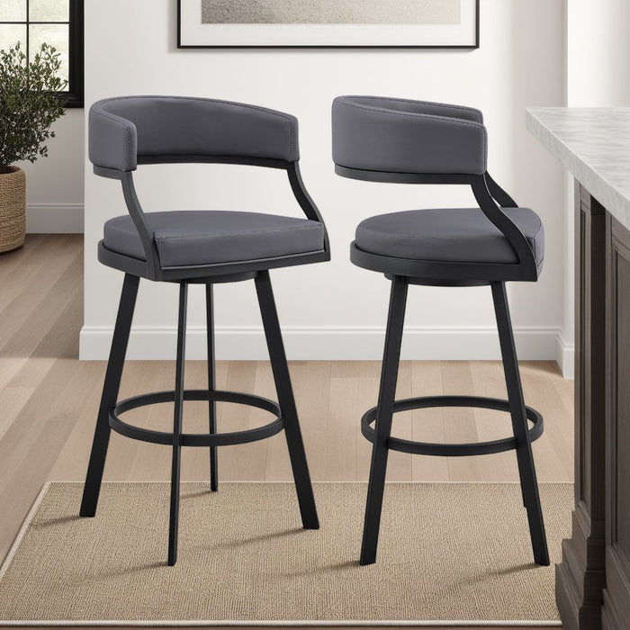 Saturn 30" Bar Height Swivel Gray Faux Leather and Black Metal Bar Stool