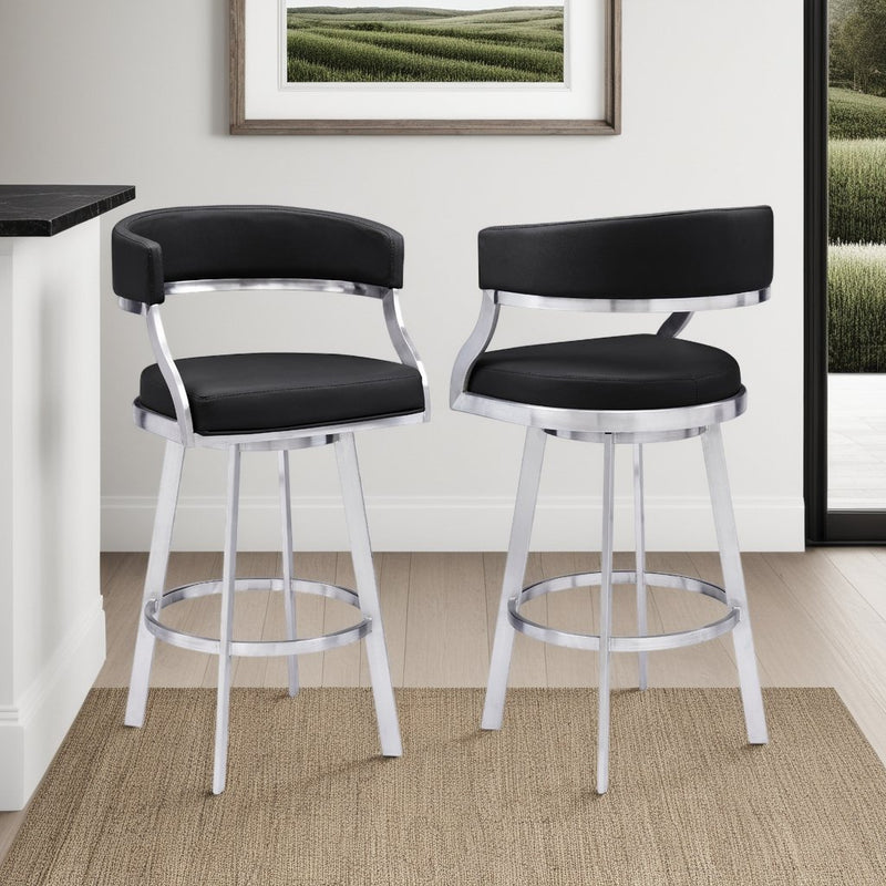 Saturn 26" Counter Height Swivel Black Faux Leather and Brushed Stainless Steel Bar Stool - Furniture City (CA)l