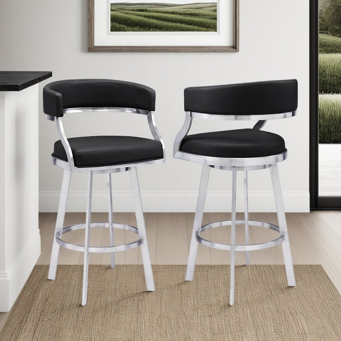 Saturn 26" Counter Height Swivel Black Faux Leather and Brushed Stainless Steel Bar Stool