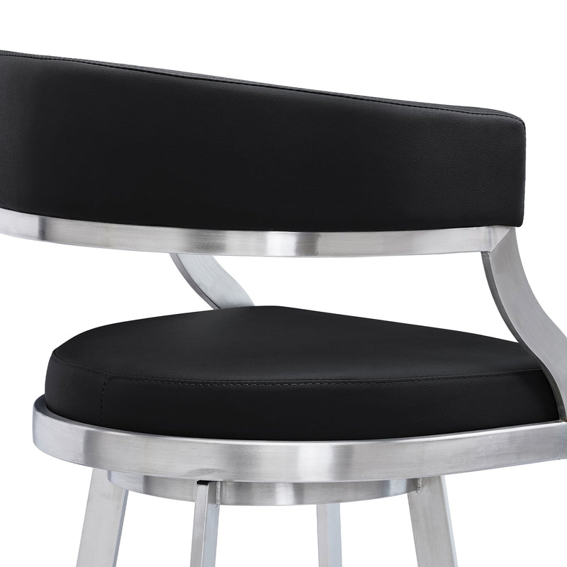 Saturn 30" Bar Height Swivel Black Faux Leather and Brushed Stainless Steel Bar Stool - Furniture City (CA)l