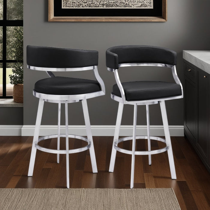 Saturn 30" Bar Height Swivel Black Faux Leather and Brushed Stainless Steel Bar Stool