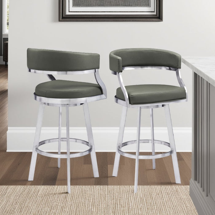 Saturn 26" Counter Height Swivel Gray Faux Leather and Brushed Stainless Steel Bar Stool
