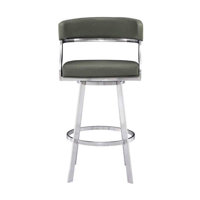 Saturn 30" Bar Height Swivel Gray Faux Leather and Brushed Stainless Steel Bar Stool