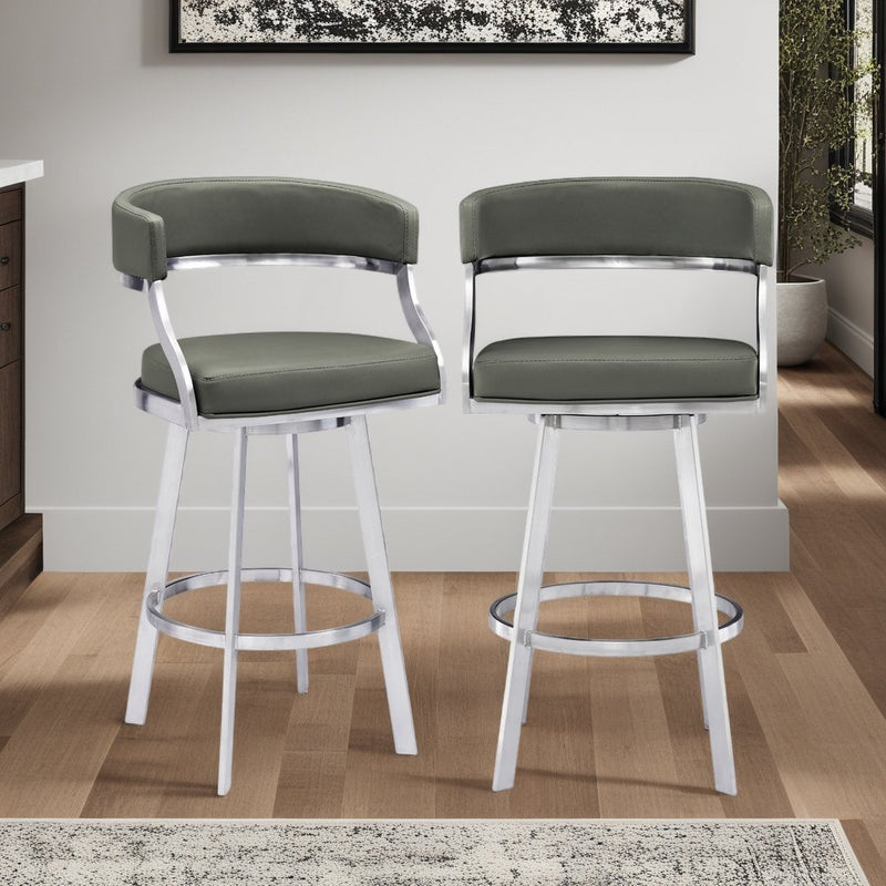 Saturn 30" Bar Height Swivel Gray Faux Leather and Brushed Stainless Steel Bar Stool - Furniture City (CA)l