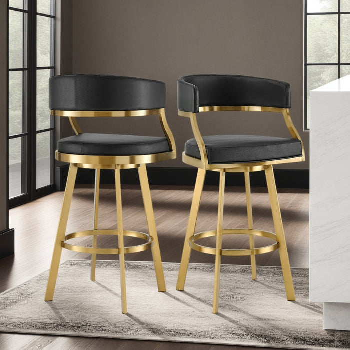Saturn 26" Swivel Counter Stool with Gold Brushed Stainless Steel and Black Faux Leather