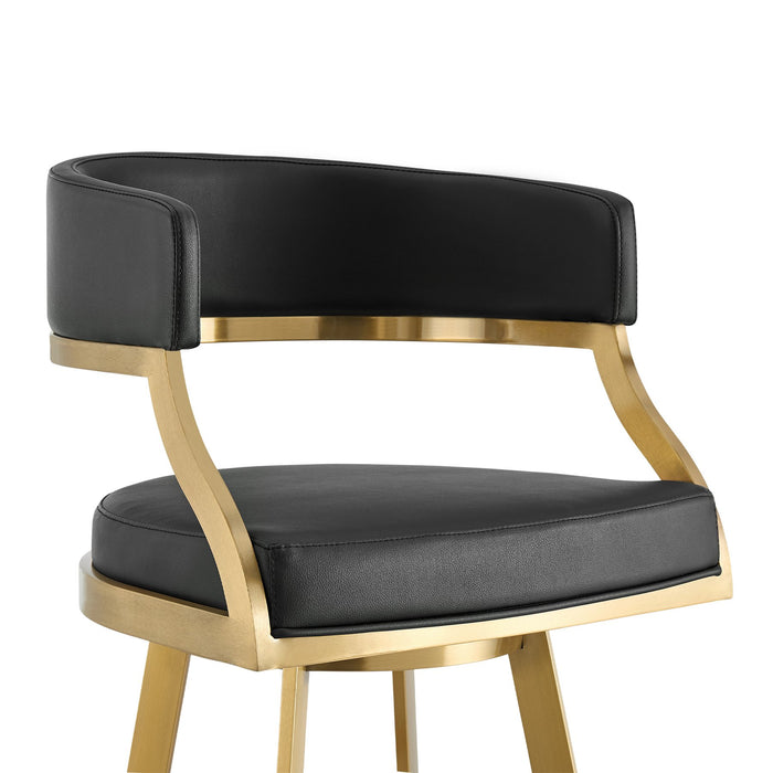 Saturn 26" Swivel Counter Stool with Gold Brushed Stainless Steel and Black Faux Leather
