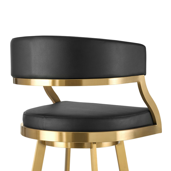 Saturn 26" Swivel Counter Stool with Gold Brushed Stainless Steel and Black Faux Leather