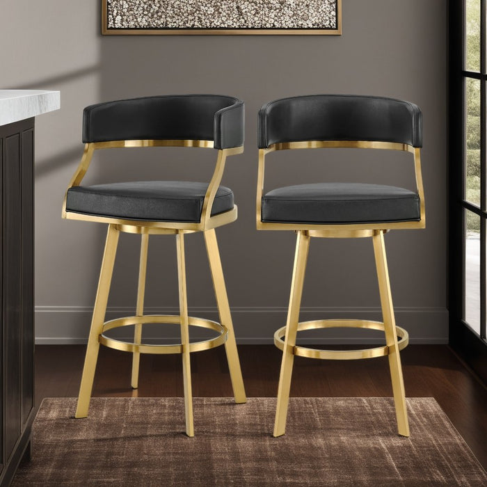 Saturn 30" Swivel Bar Stool with Gold Brushed Stainless Steel and Black Faux Leather