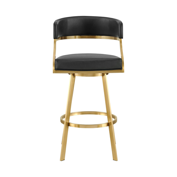 Saturn 30" Swivel Bar Stool with Gold Brushed Stainless Steel and Black Faux Leather