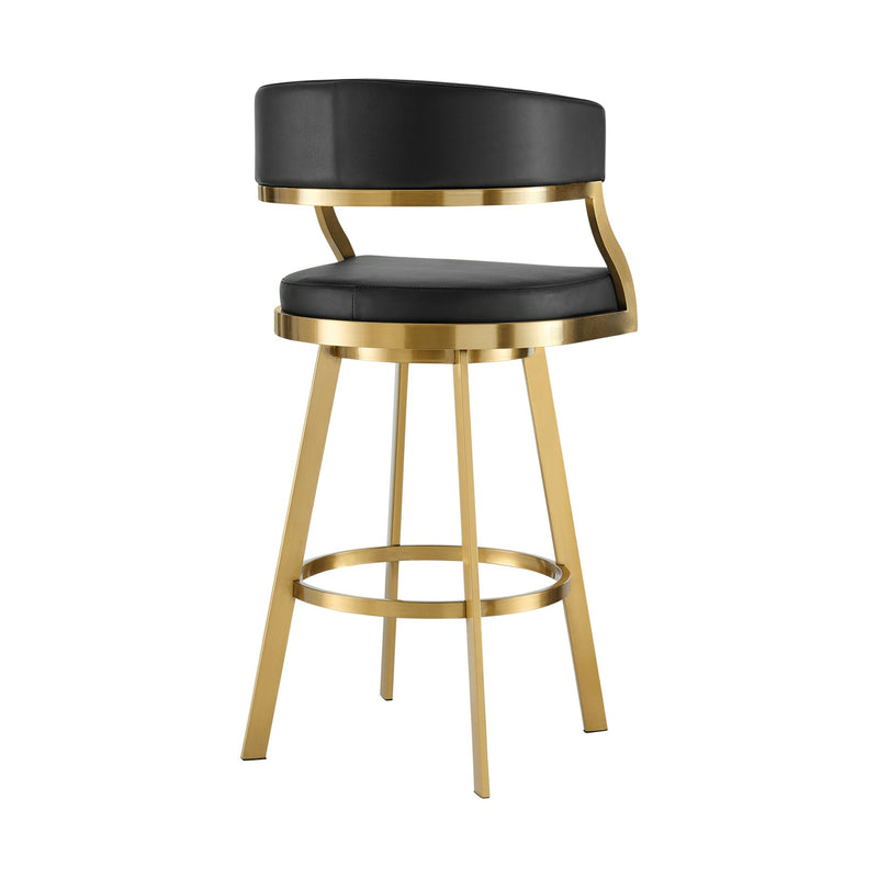 Saturn 30" Swivel Bar Stool with Gold Brushed Stainless Steel and Black Faux Leather - Furniture City (CA)l