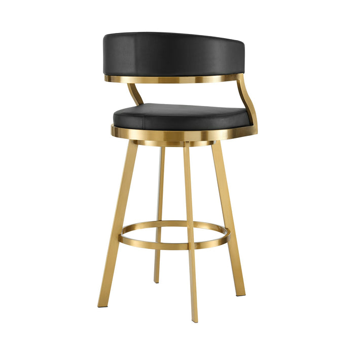 Saturn 30" Swivel Bar Stool with Gold Brushed Stainless Steel and Black Faux Leather