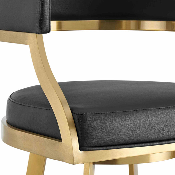 Saturn 30" Swivel Bar Stool with Gold Brushed Stainless Steel and Black Faux Leather