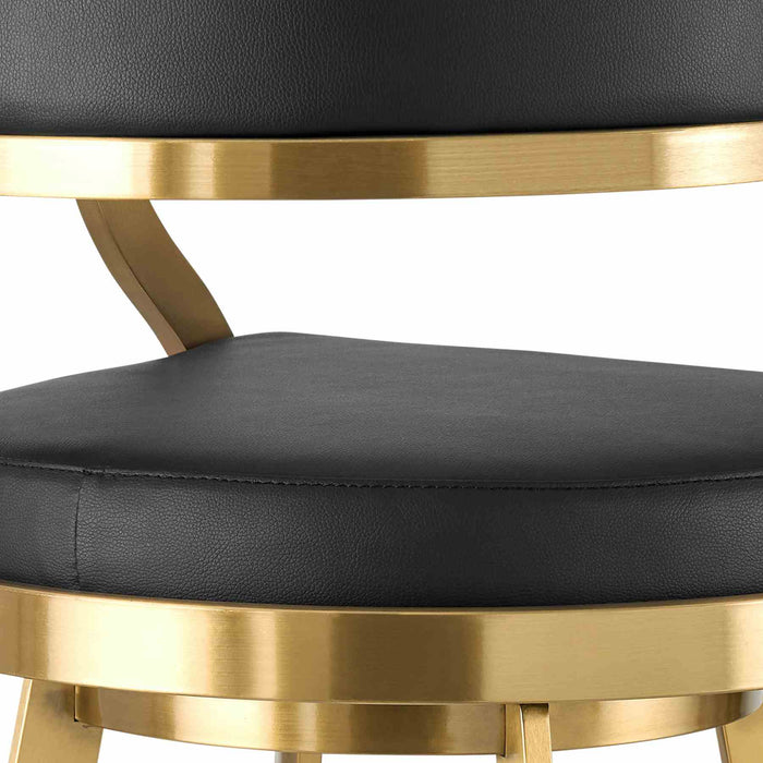 Saturn 30" Swivel Bar Stool with Gold Brushed Stainless Steel and Black Faux Leather