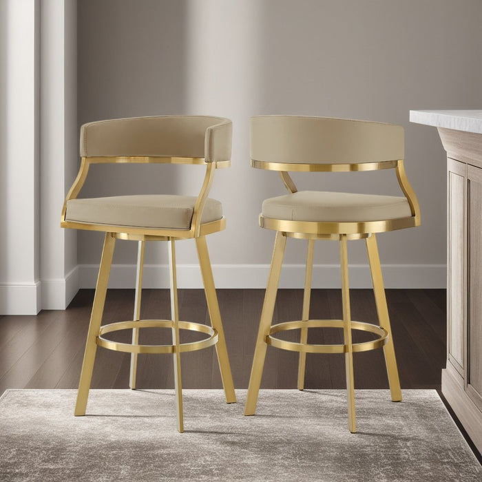 Saturn 26" Swivel Counter Stool with Gold Brushed Stainless Steel and Light Sand Faux Leather