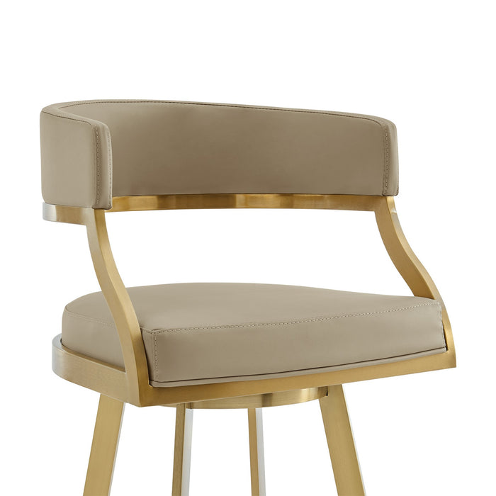 Saturn 26" Swivel Counter Stool with Gold Brushed Stainless Steel and Light Sand Faux Leather