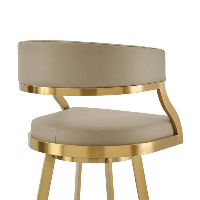 Saturn 26" Swivel Counter Stool with Gold Brushed Stainless Steel and Light Sand Faux Leather