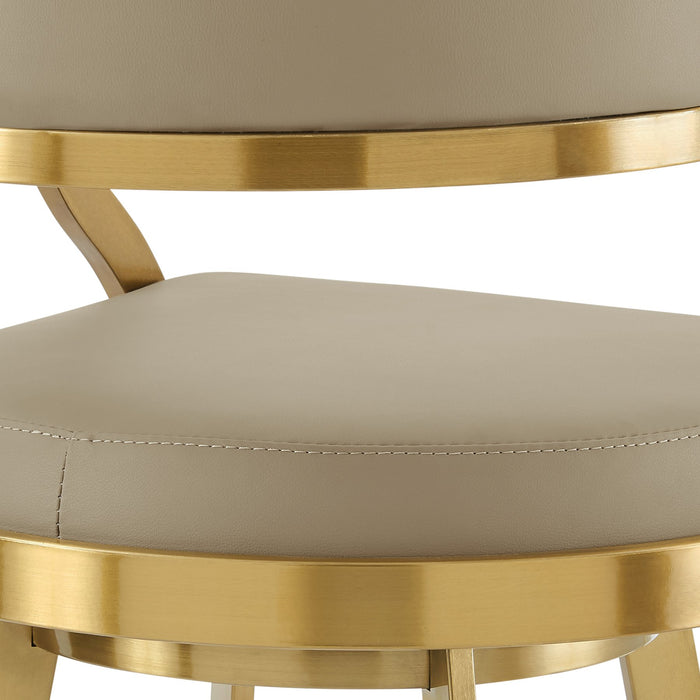 Saturn 26" Swivel Counter Stool with Gold Brushed Stainless Steel and Light Sand Faux Leather