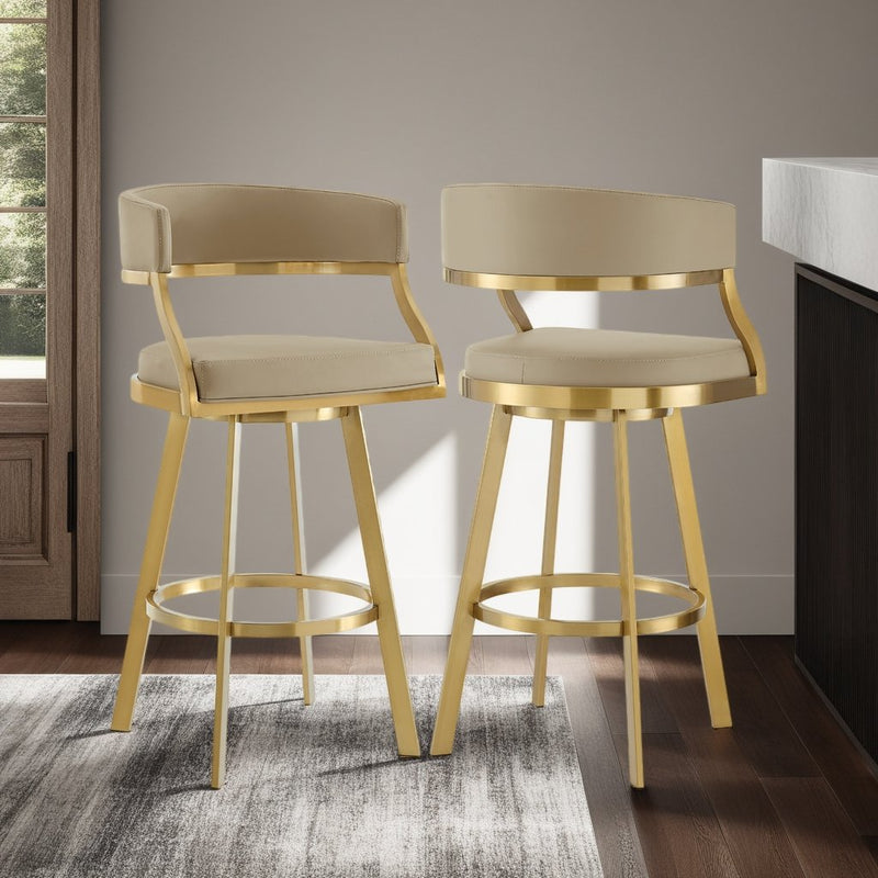 Saturn 30" Swivel Bar Stool with Gold Brushed Stainless Steel and Light Sand Faux Leather - Furniture City (CA)l