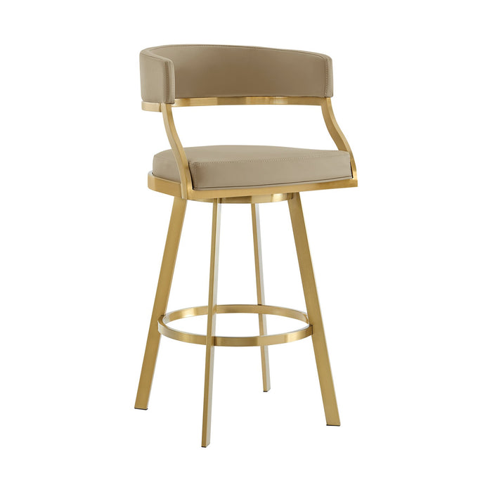 Saturn 30" Swivel Bar Stool with Gold Brushed Stainless Steel and Light Sand Faux Leather