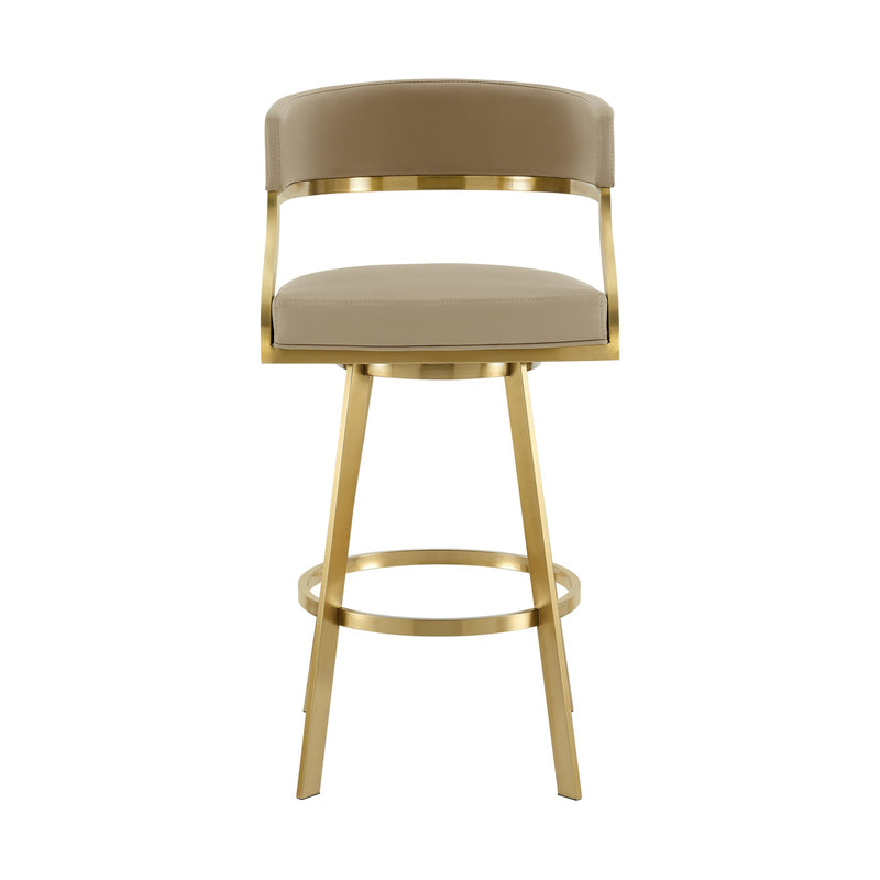 Saturn 30" Swivel Bar Stool with Gold Brushed Stainless Steel and Light Sand Faux Leather - Furniture City (CA)l