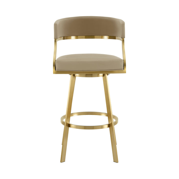 Saturn 30" Swivel Bar Stool with Gold Brushed Stainless Steel and Light Sand Faux Leather