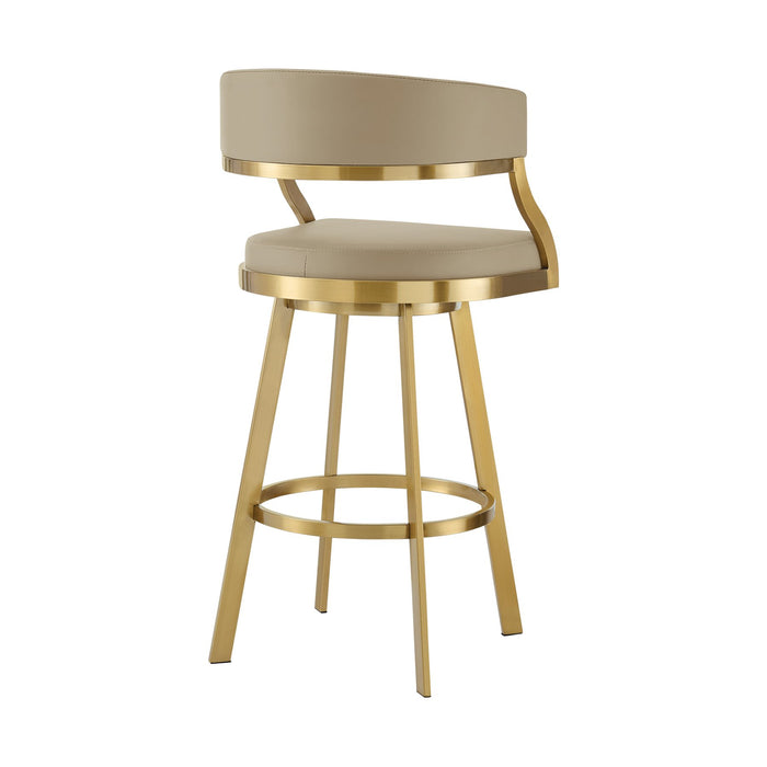 Saturn 30" Swivel Bar Stool with Gold Brushed Stainless Steel and Light Sand Faux Leather