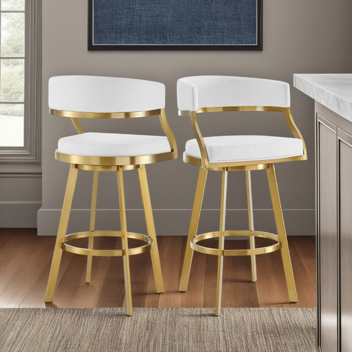 Saturn 26" Swivel Counter Stool with Gold Brushed Stainless Steel and White Faux Leather