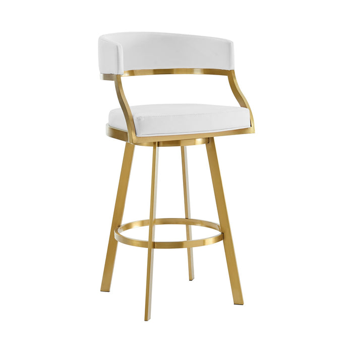 Saturn 26" Swivel Counter Stool with Gold Brushed Stainless Steel and White Faux Leather