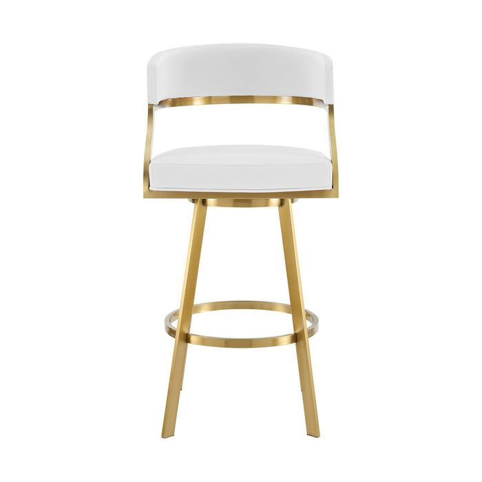 Saturn 26" Swivel Counter Stool with Gold Brushed Stainless Steel and White Faux Leather