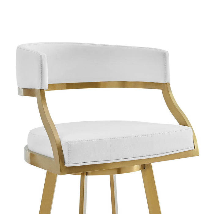 Saturn 26" Swivel Counter Stool with Gold Brushed Stainless Steel and White Faux Leather