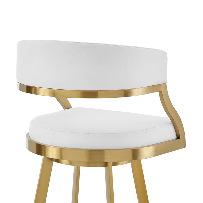 Saturn 26" Swivel Counter Stool with Gold Brushed Stainless Steel and White Faux Leather