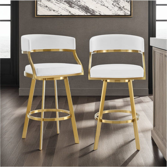 Saturn 30" Swivel Bar Stool with Gold Brushed Stainless Steel and White Faux Leather