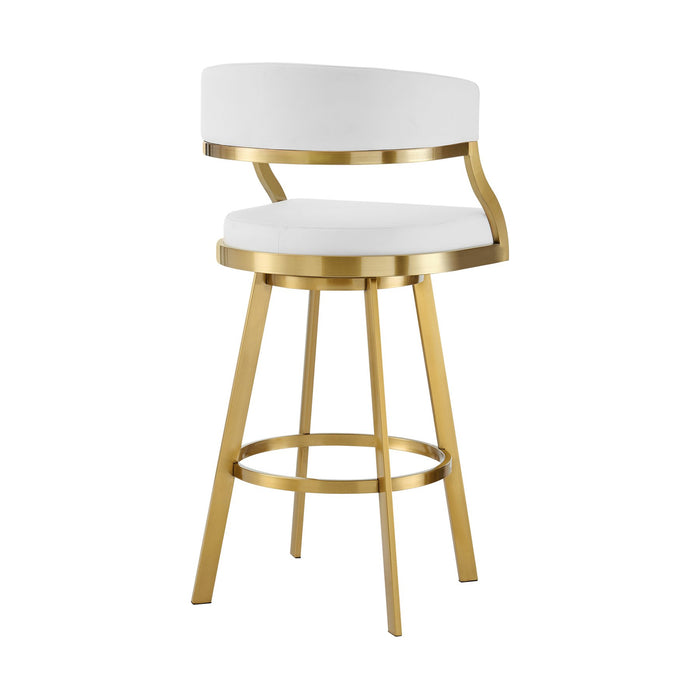 Saturn 30" Swivel Bar Stool with Gold Brushed Stainless Steel and White Faux Leather