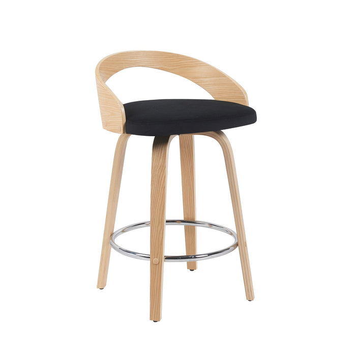 Sonia Modern Swivel Counter Height Bar Stool with Black Upholstered Seat and Patterned Oak Wood Finish