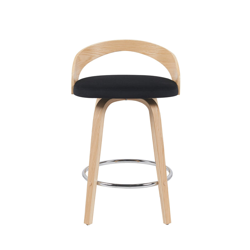 Sonia Modern Swivel Counter Height Bar Stool with Black Upholstered Seat and Patterned Oak Wood Finish