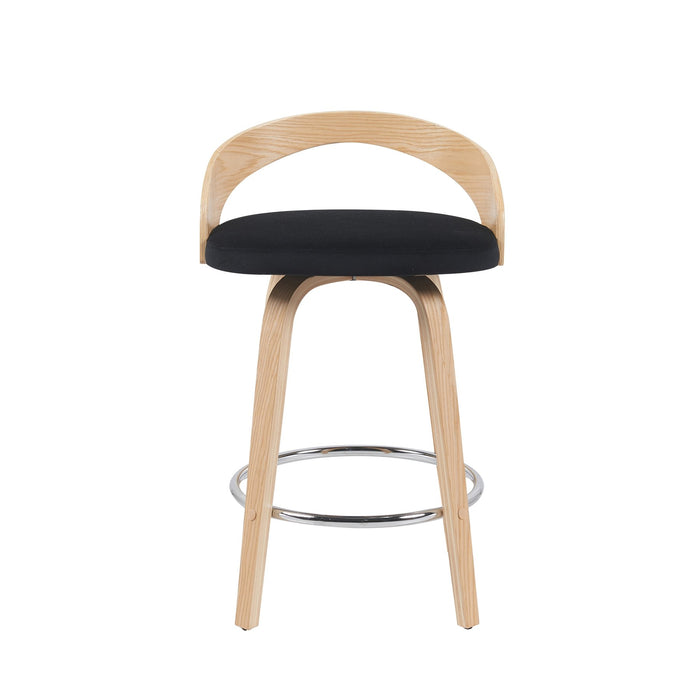 Sonia Modern Swivel Counter Height Bar Stool with Black Upholstered Seat and Patterned Oak Wood Finish