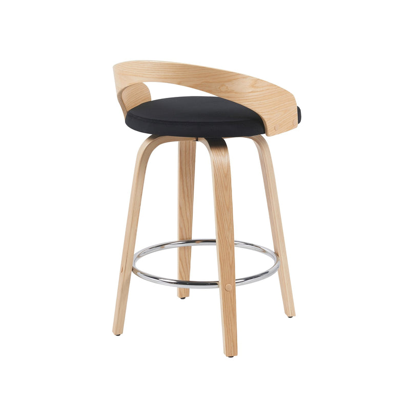 Sonia Modern Swivel Counter Height Bar Stool with Black Upholstered Seat and Patterned Oak Wood Finish