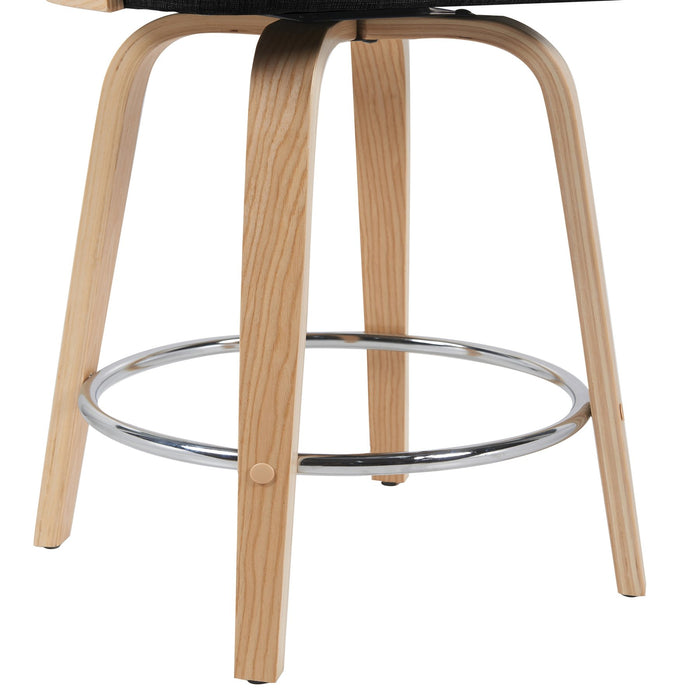 Sonia Modern Swivel Counter Height Bar Stool with Black Upholstered Seat and Patterned Oak Wood Finish