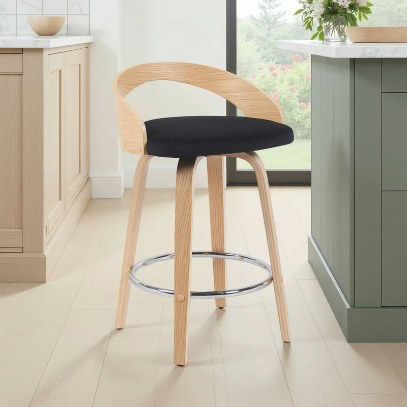 Sonia Modern Swivel Counter Height Bar Stool with Black Upholstered Seat and Patterned Oak Wood Finish