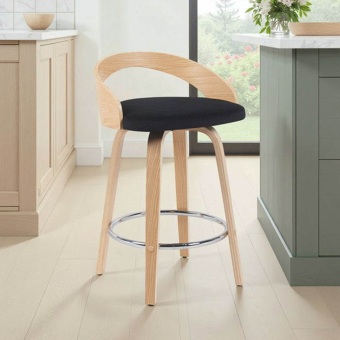 Sonia Modern Swivel Counter Height Bar Stool with Black Upholstered Seat and Patterned Oak Wood Finish