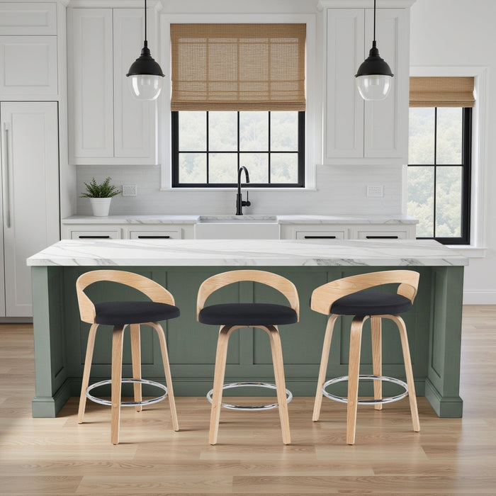 Sonia Modern Swivel Counter Height Bar Stool with Black Upholstered Seat and Patterned Oak Wood Finish