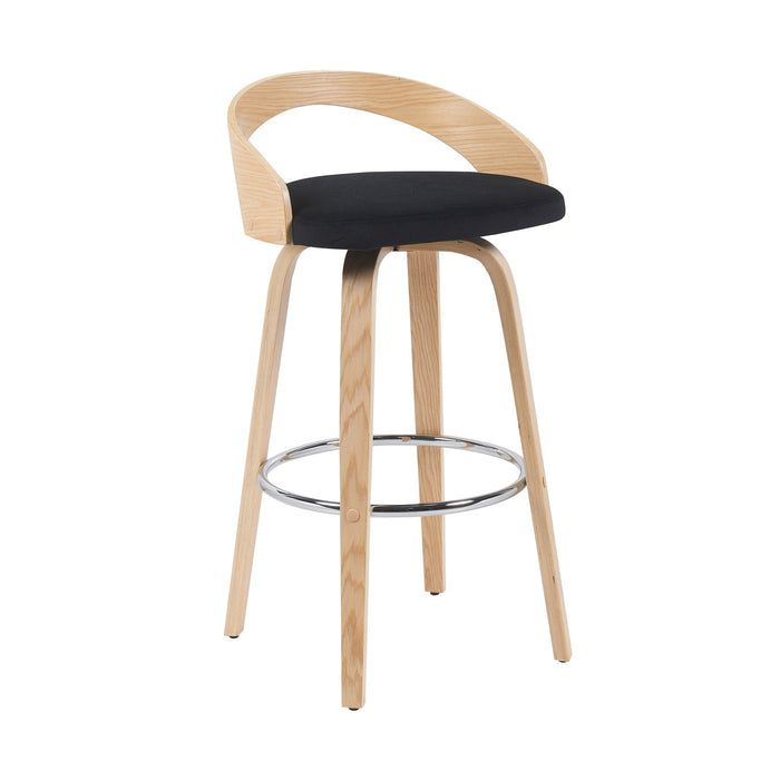 Sonia Modern Swivel Bar Height Stool with Black Upholstered Seat and Patterned Oak Wood Finish