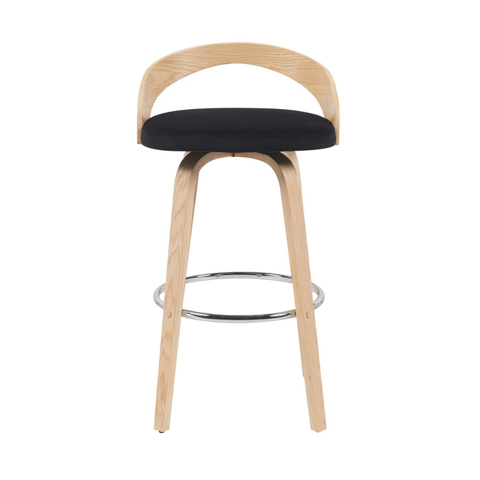Sonia Modern Swivel Bar Height Stool with Black Upholstered Seat and Patterned Oak Wood Finish